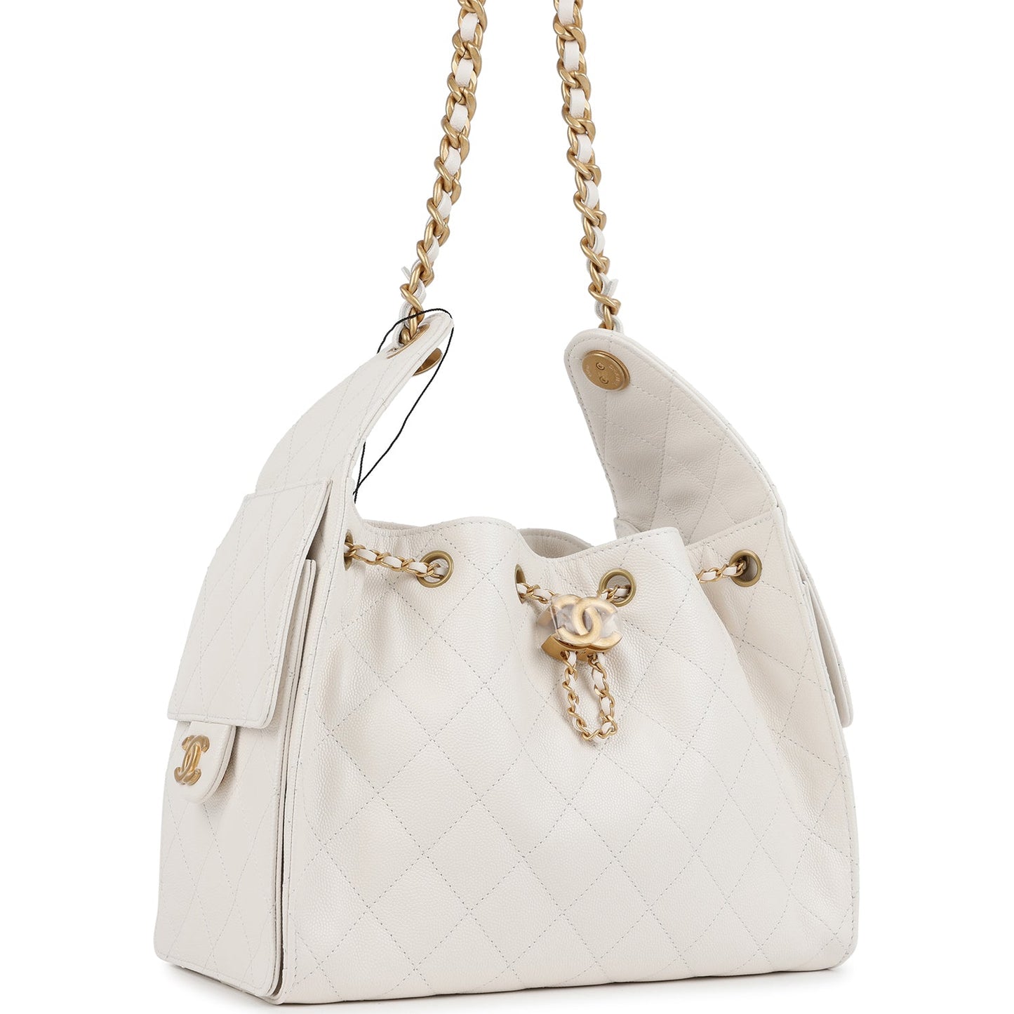 Chanel Small 25 Hobo Bag White Caviar Antique Gold Hardware