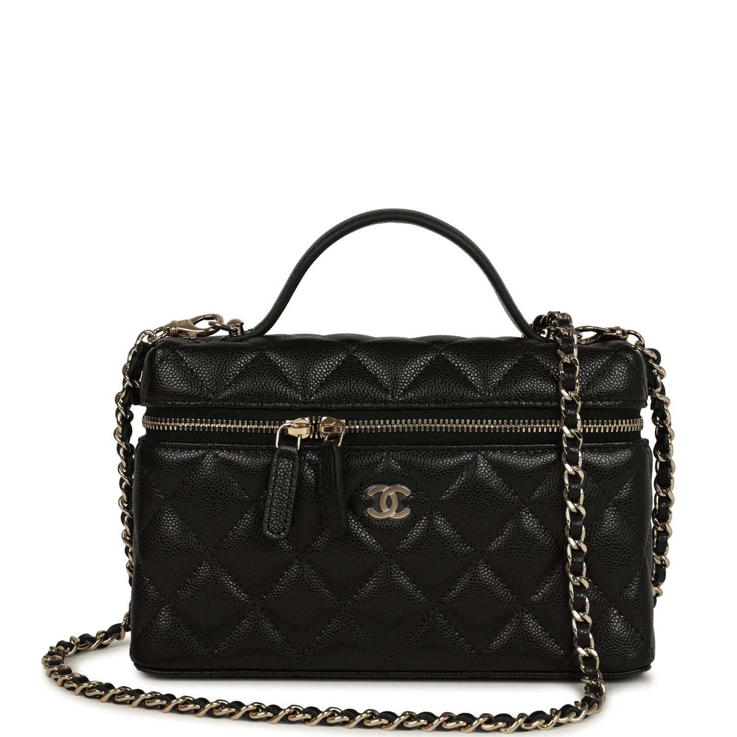 Chanel Top Handle Long Vanity Case with Chain Black Shiny Caviar Light Gold Hardware