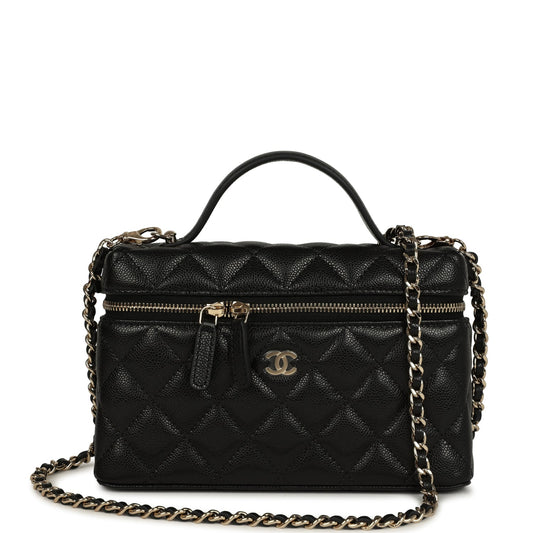 Chanel Top Handle Long Vanity Case with Chain Black Shiny Caviar Light Gold Hardware