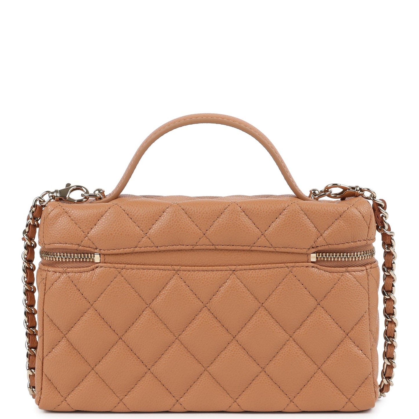 Chanel Top Handle Long Vanity Case with Chain Caramel Shiny Caviar Light Gold Hardware
