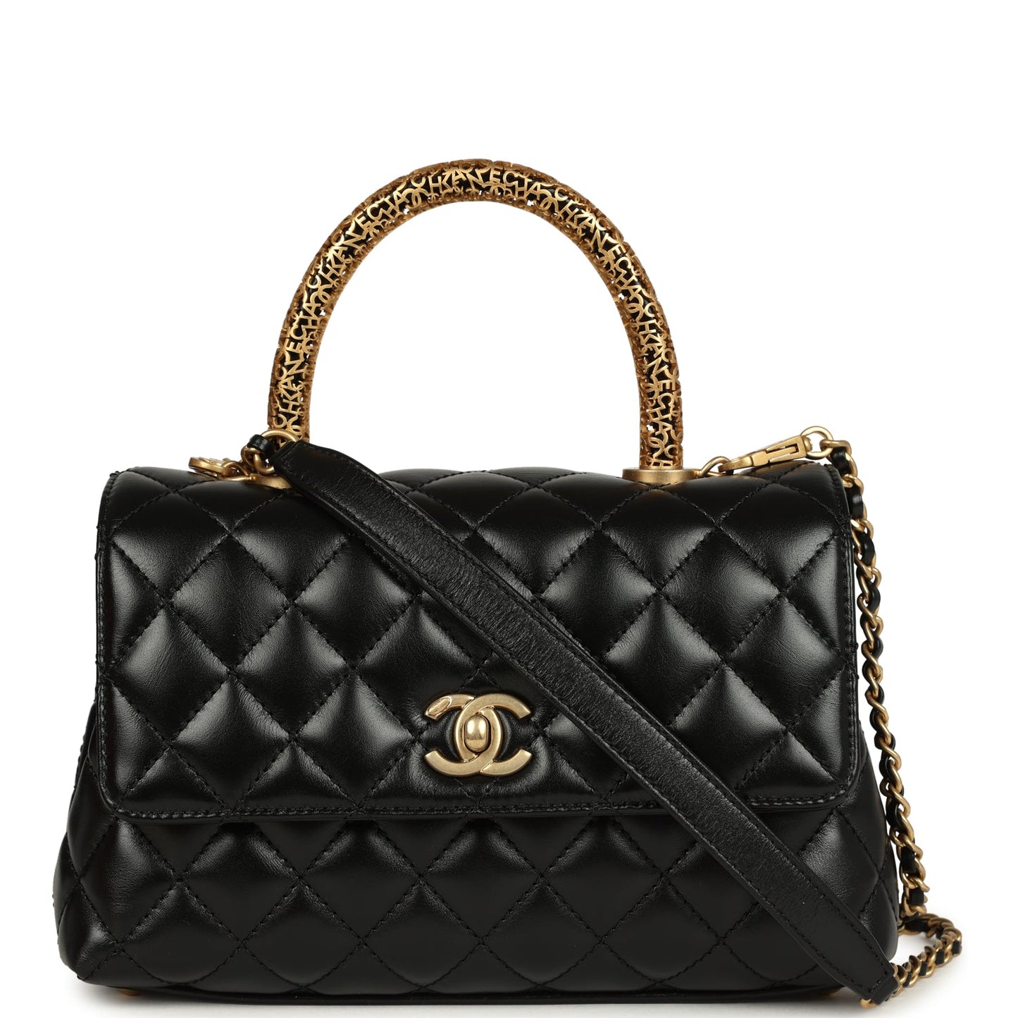 Chanel Small Coco Top Handle Flap Bag Shiny Calfskin Brushed Gold Hardware