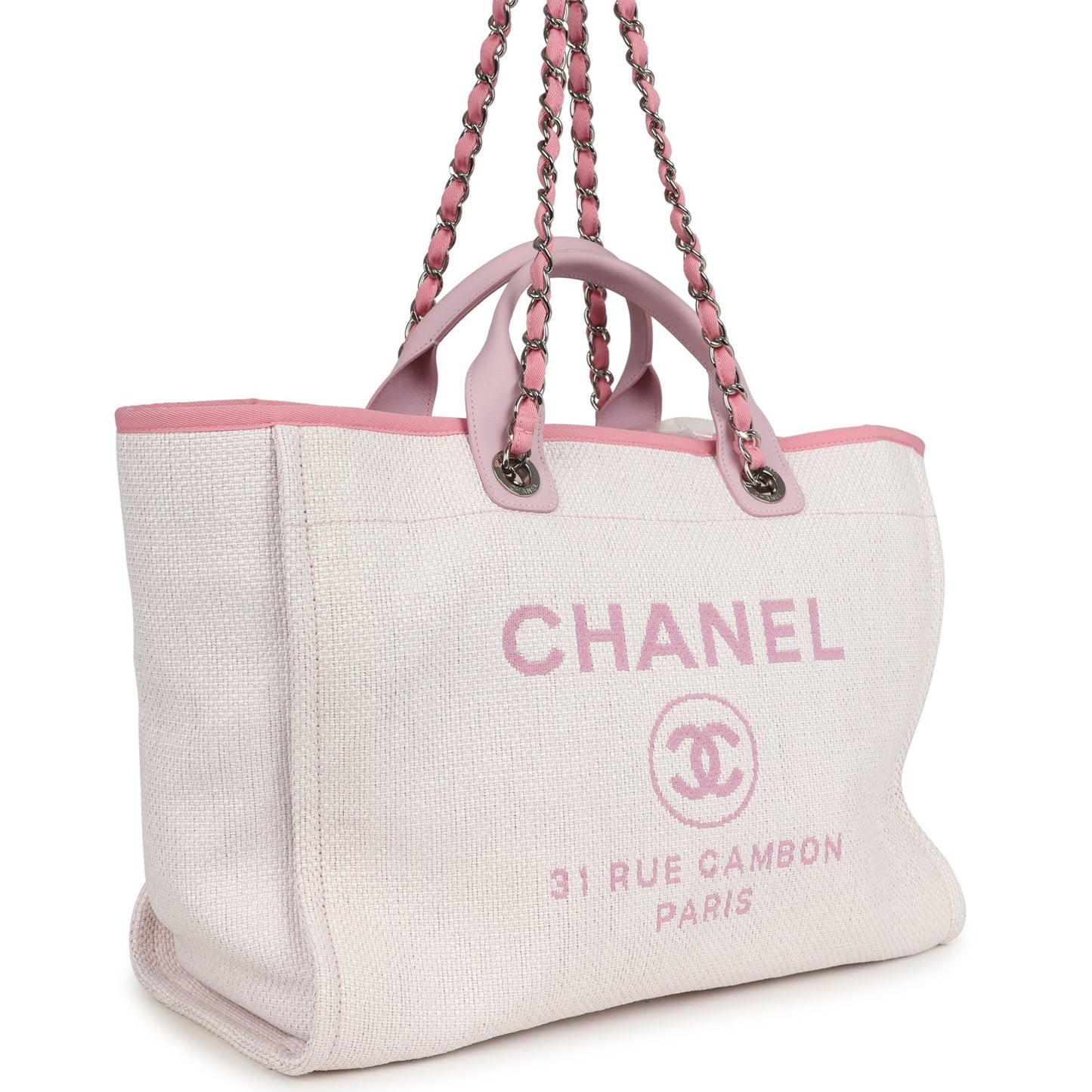 Chanel Medium Deauville Shopping Tote Light Pink Raffia and Canvas Silver Hardware