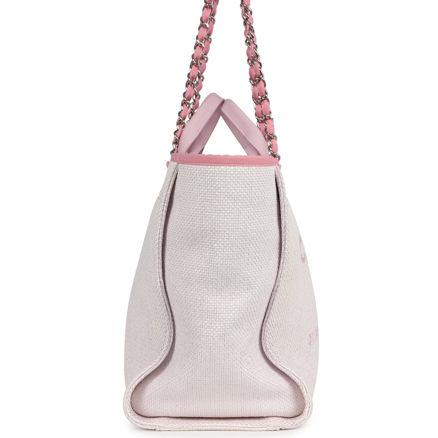 Chanel Medium Deauville Shopping Tote Light Pink Raffia and Canvas Silver Hardware