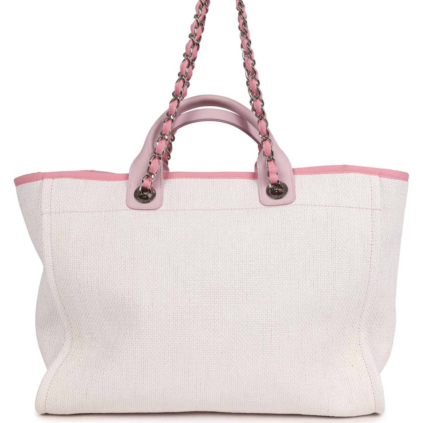 Chanel Medium Deauville Shopping Tote Light Pink Raffia and Canvas Silver Hardware