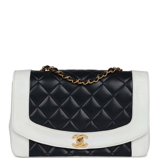 Vintage Chanel Small Diana Flap Bag White and Navy Lambskin Gold Hardware