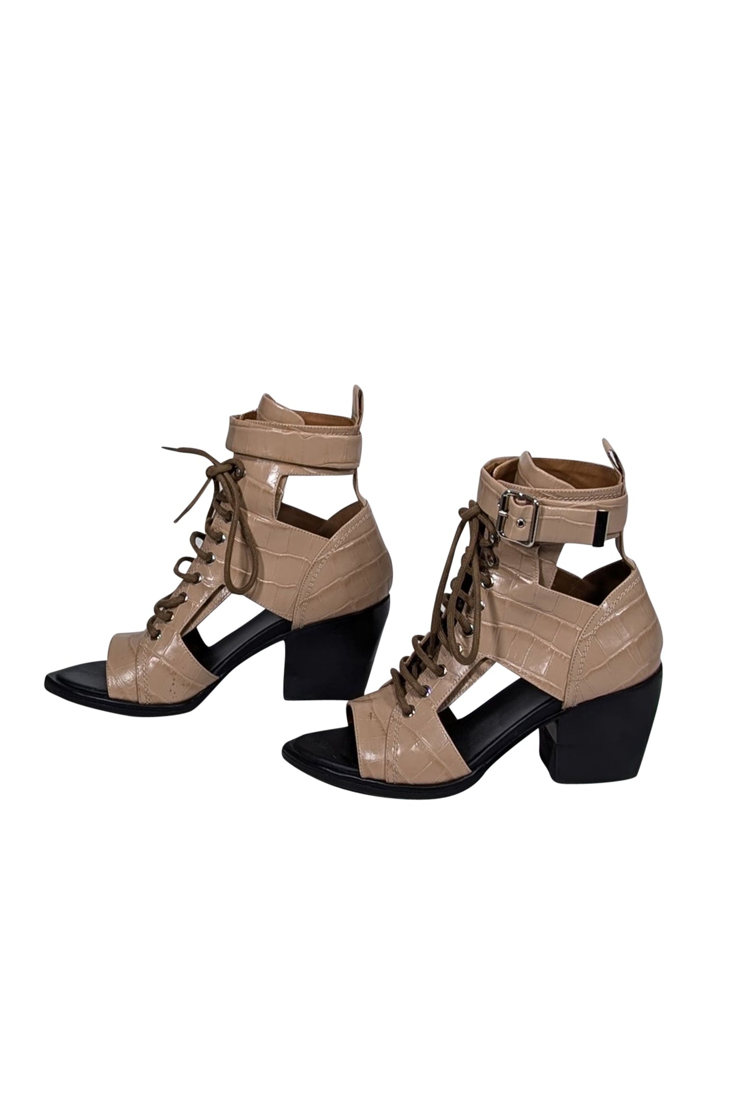 Chloe - Beige Croc Embossed Cutout Lace Up Short Boots Sz 9