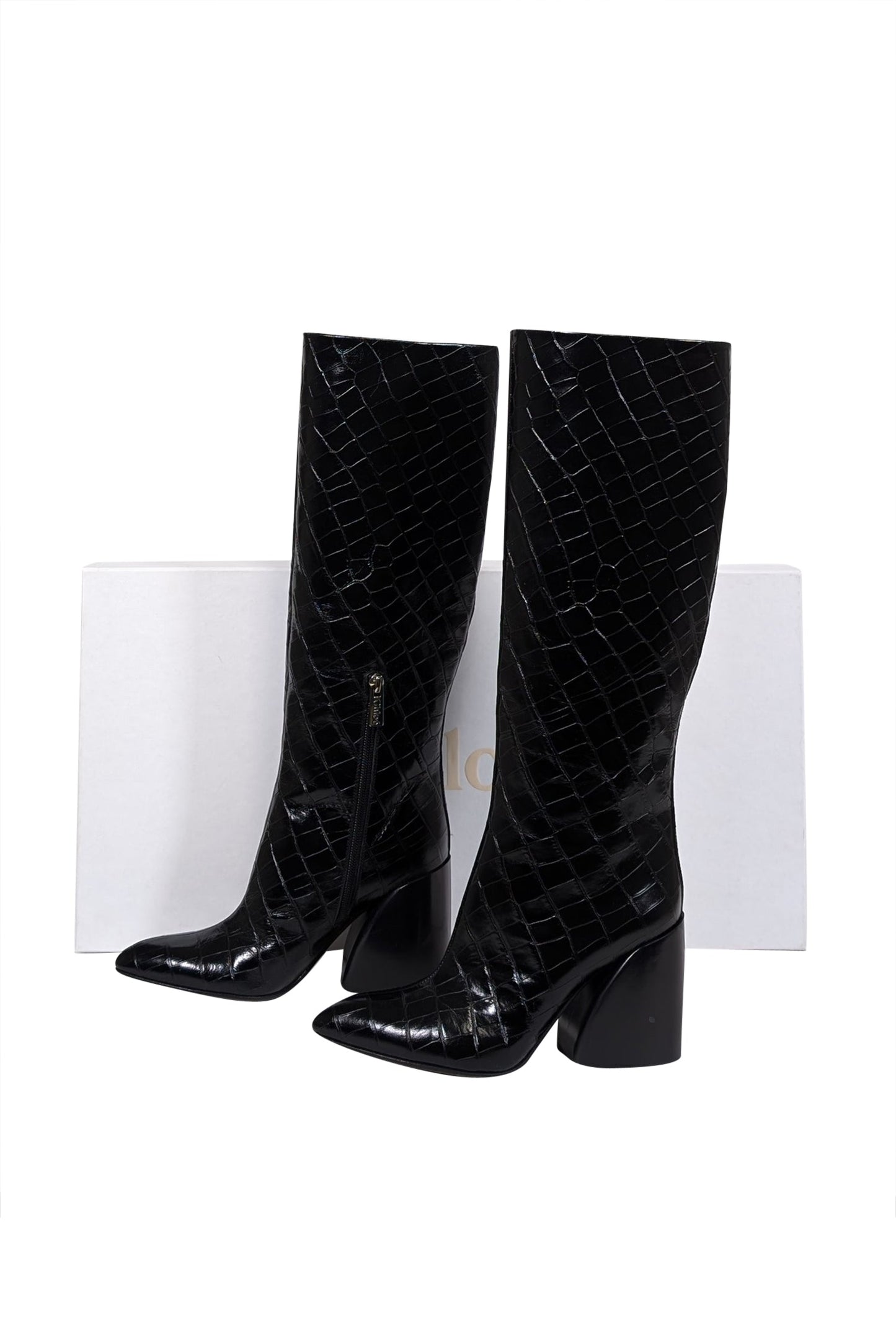 Chloe - Black Patent Croc Embossed Leather Tall Boots Sz 7.5