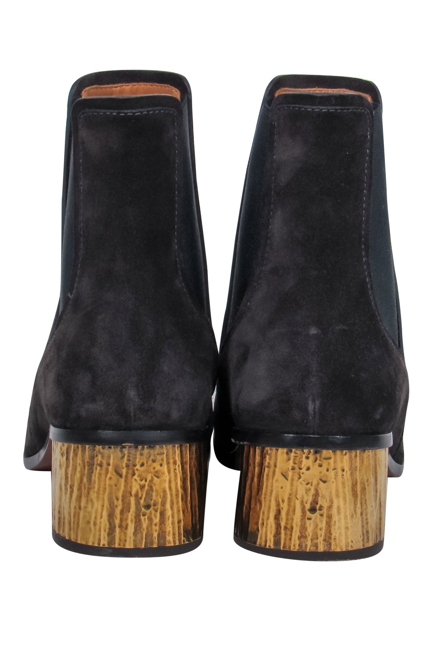 Chloe - Black Suede Chelsea Booties w/ Gold Block Heel Sz 8.5