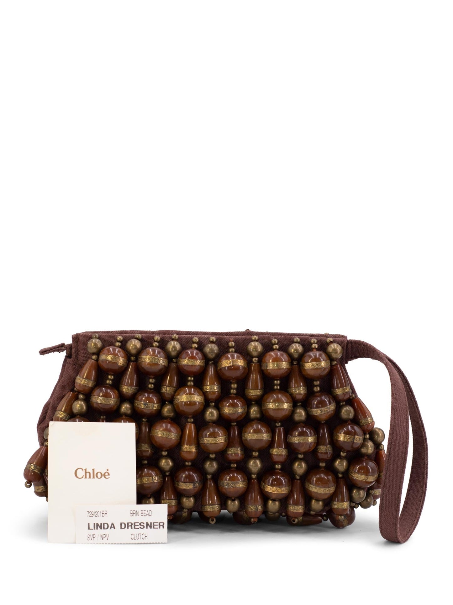 Chloe Canvas Beaded Wristlet Bag Brown