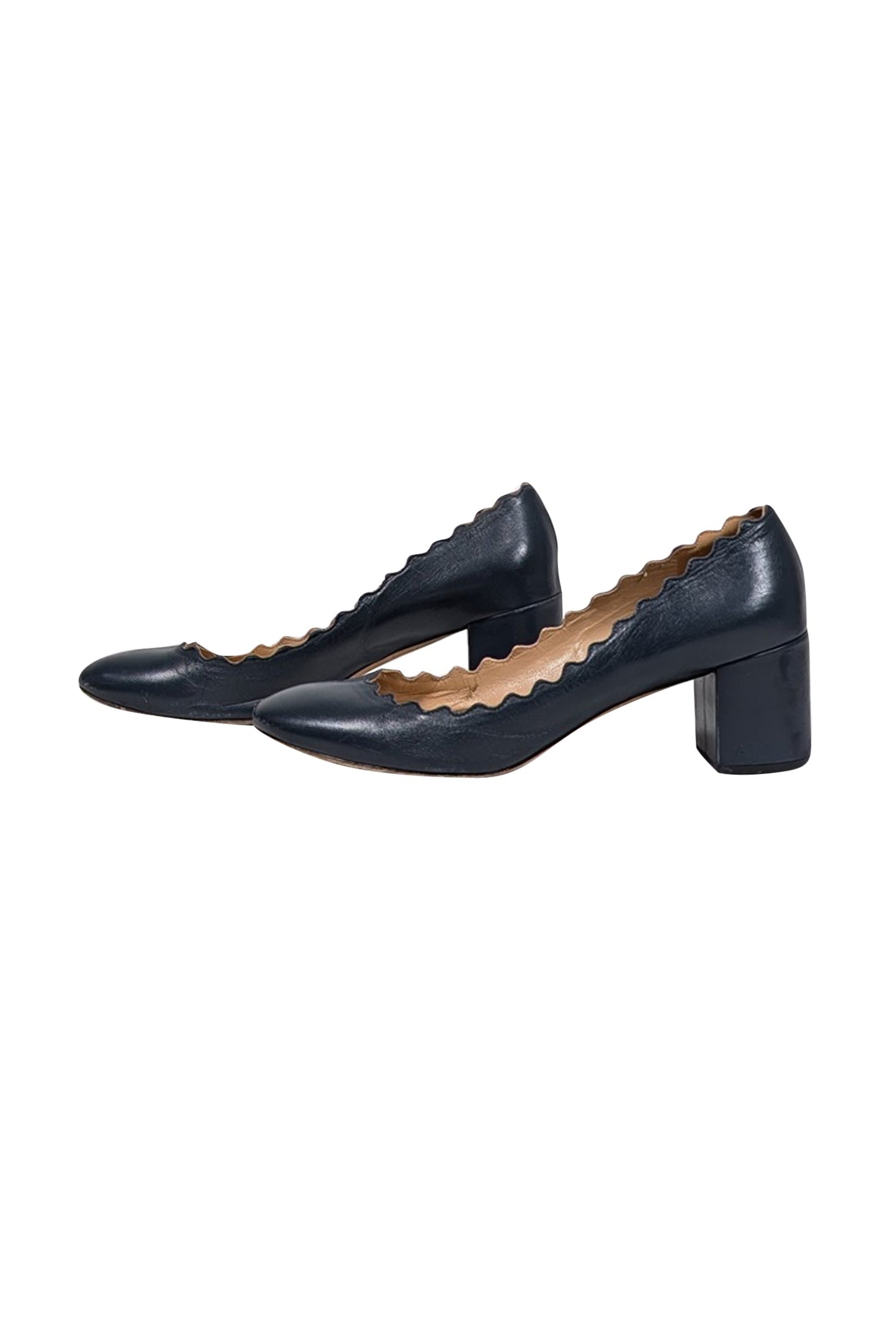 Chloe - Navy Leather Scallop Edge Low Basic Pumps Sz 8
