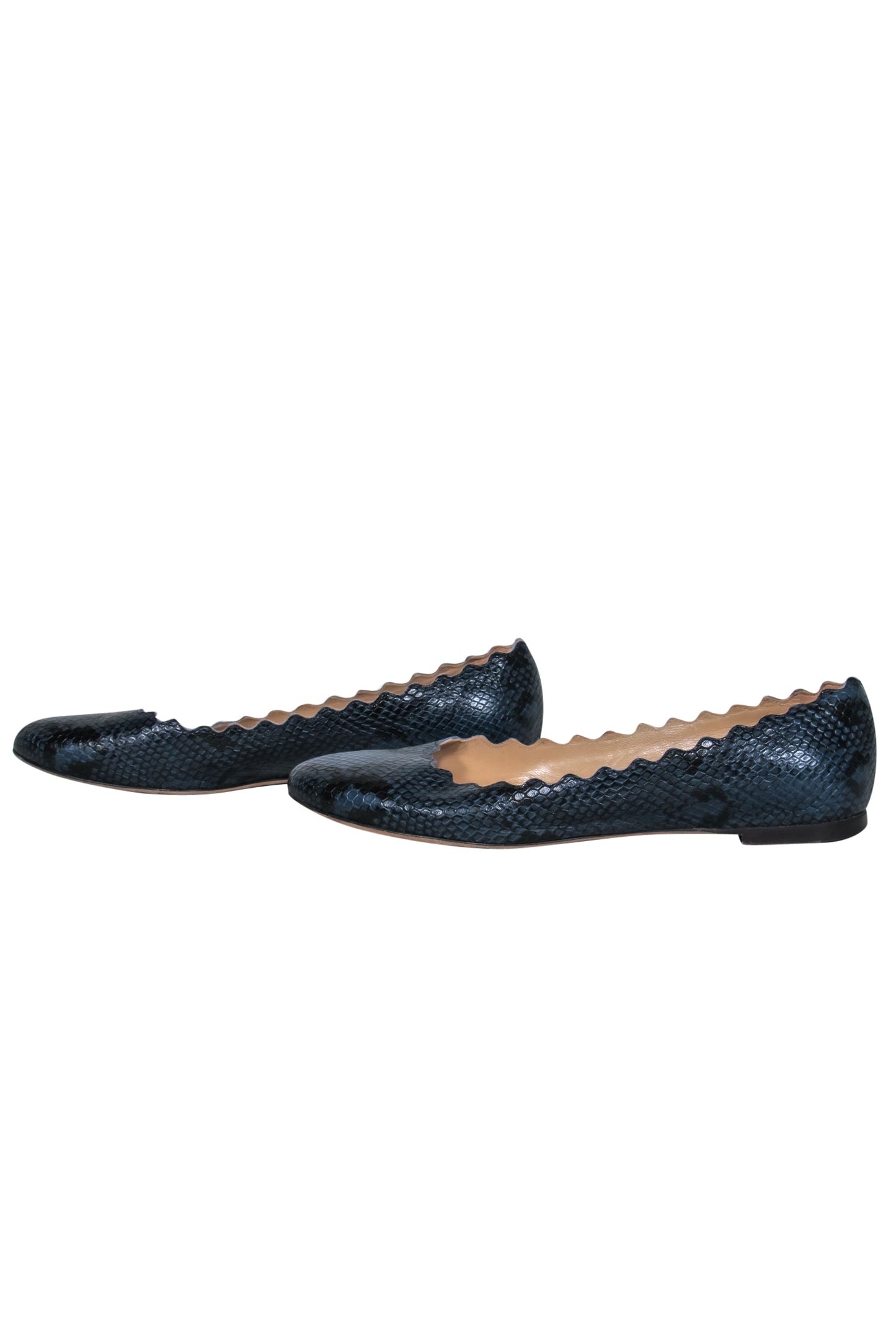 Chloe - Navy Snakeskin Print Textured Scalloped Flats Sz 9.5