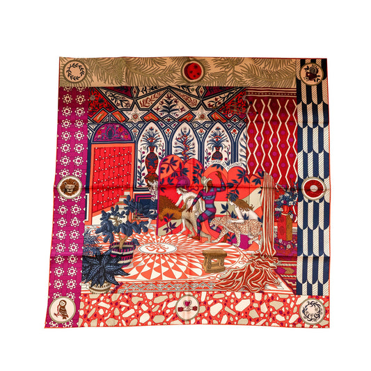 Hermes 90*90cm Silk Scarf La Danse Des Amazones Po/Rouge/Fuchsia/ Mari