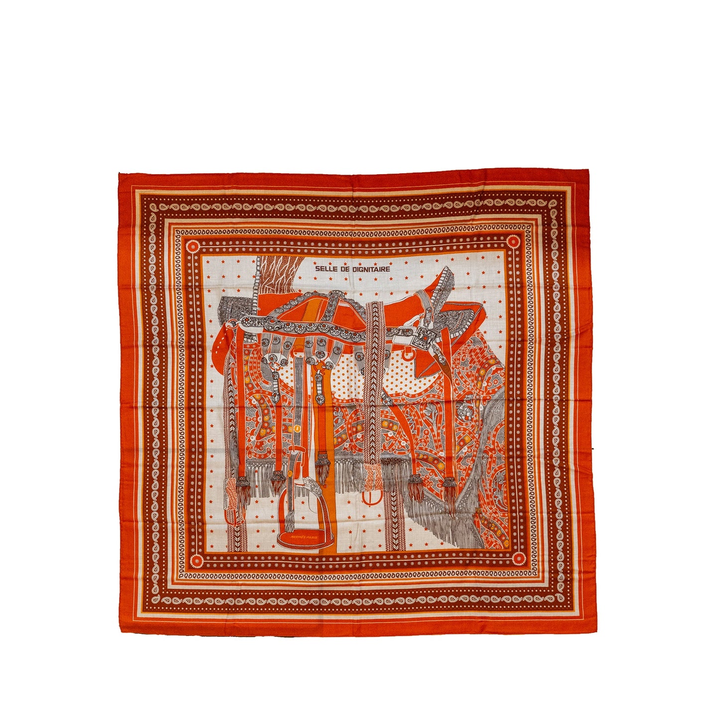 Hermes 140cm Soie Selle De Scarf Cashmere Orange/Roux/Naturel