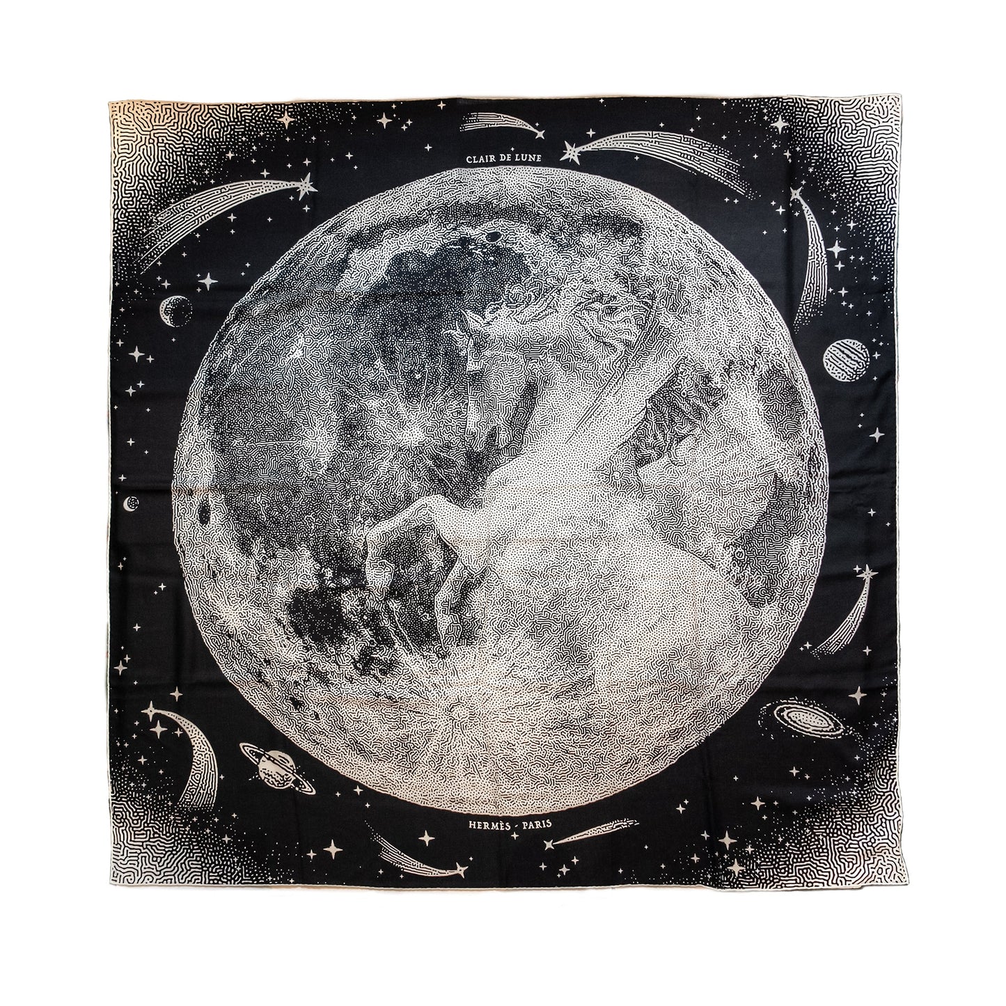 Hermes 140cm Clair De Lune Cashmere/Silk Black/Blanc