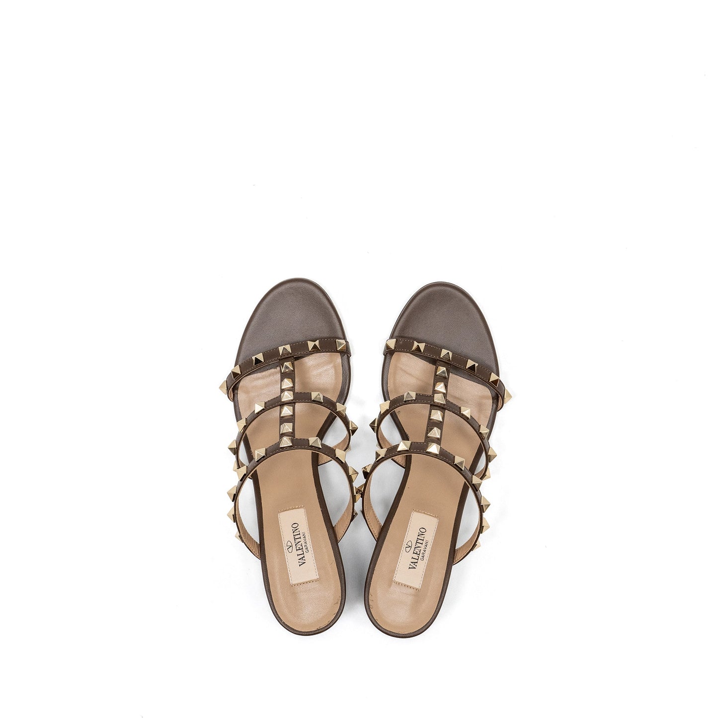 Valentino Size 38.5 Garavani Rockstud Slide Sandals Calfskin Brown