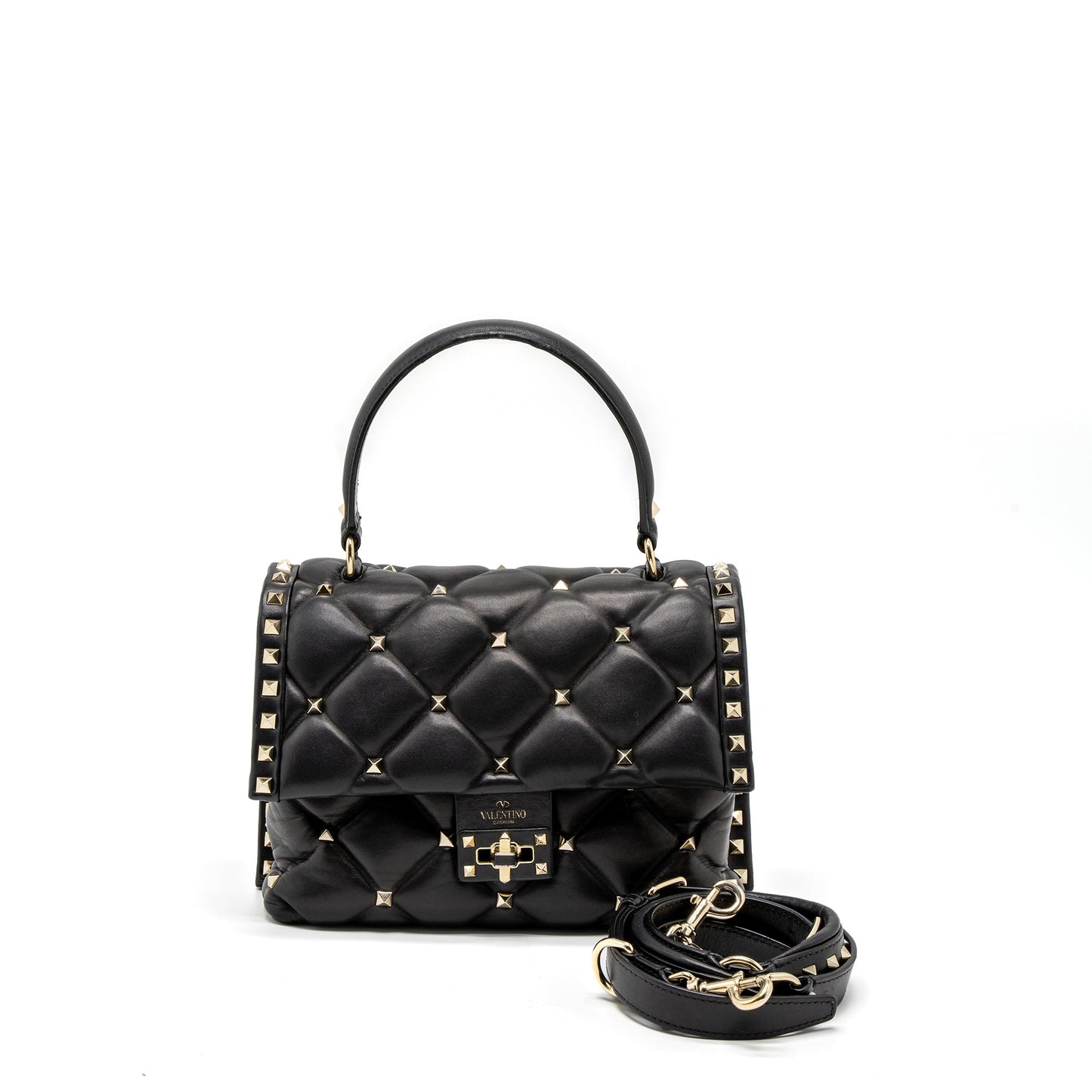 Valentino Top Handle Quilted Candystud Flap Bag Lambskin Black LGHW