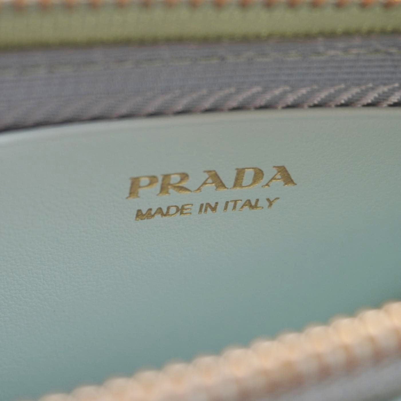 PRADA Triangle Logo Raffia Embroidered Leather Chain Pouch Green