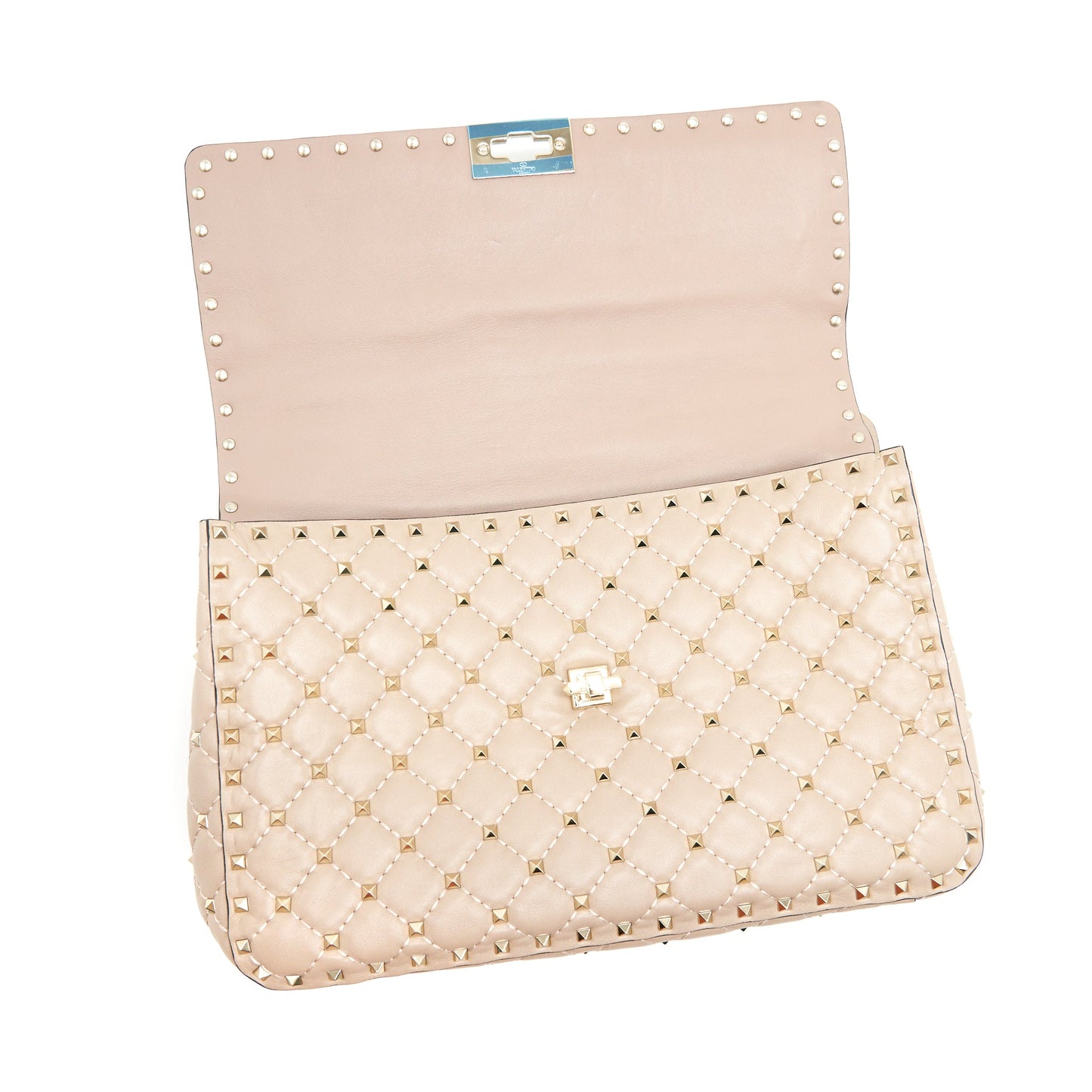 VALENTINO GARAVANI LARGE ROCKSTUD SPIKE SHOULDER BAG BEIGE LGHW