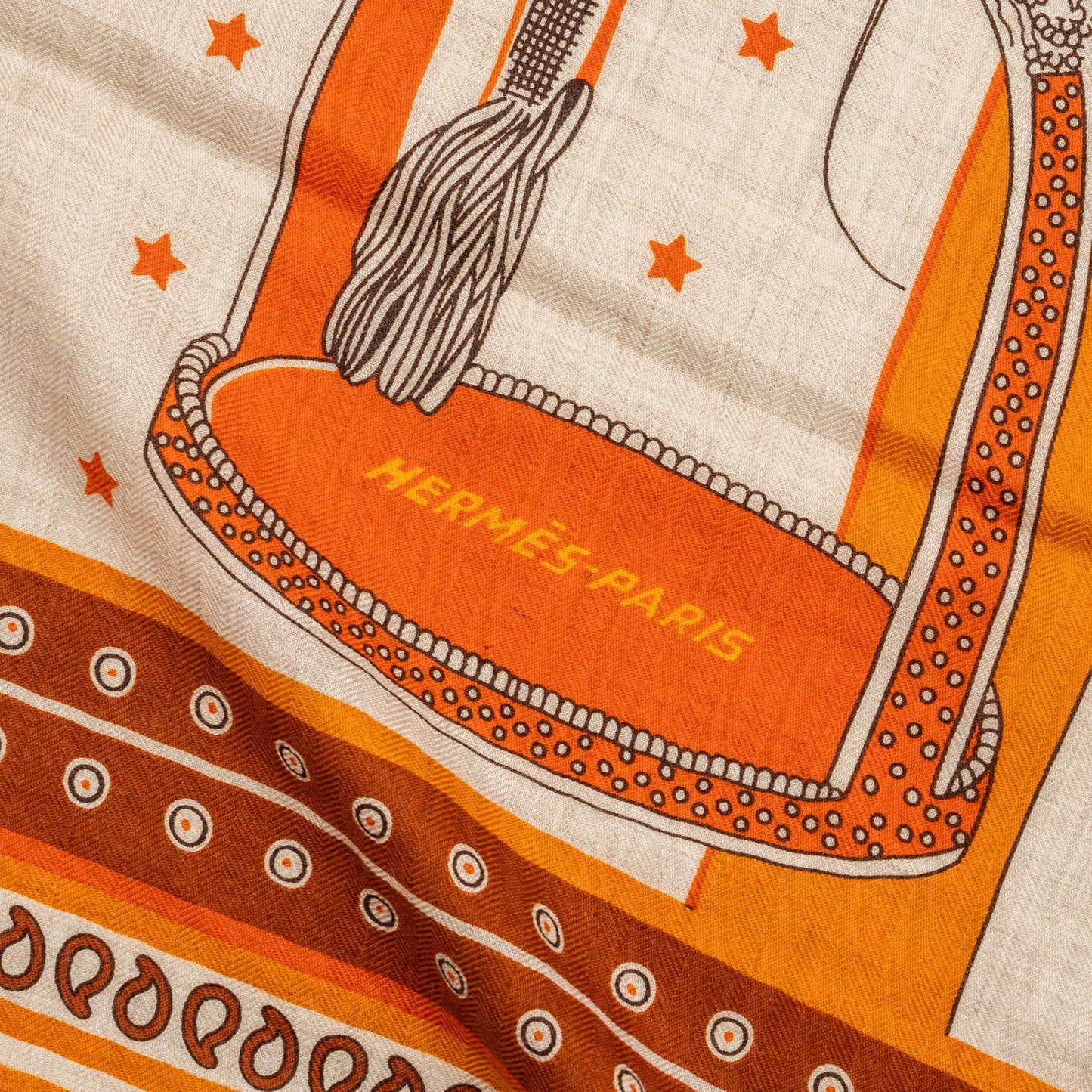 Hermes 140cm Soie Selle De Scarf Cashmere Orange/Roux/Naturel