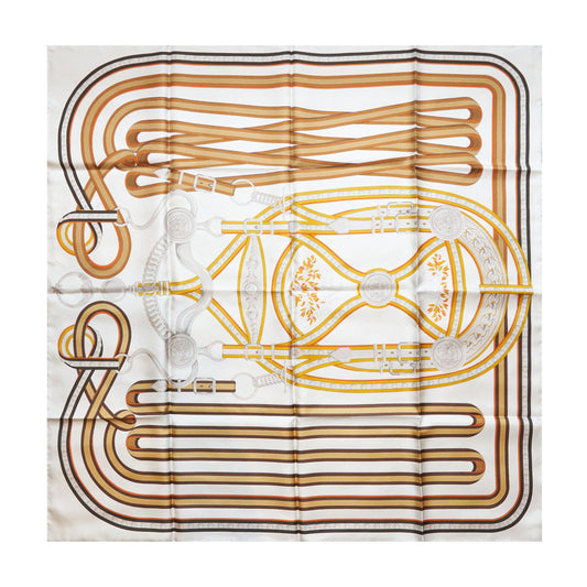 Hermes 90 x 90 Silk Scarf Grand Tralala Blanc/Caramel