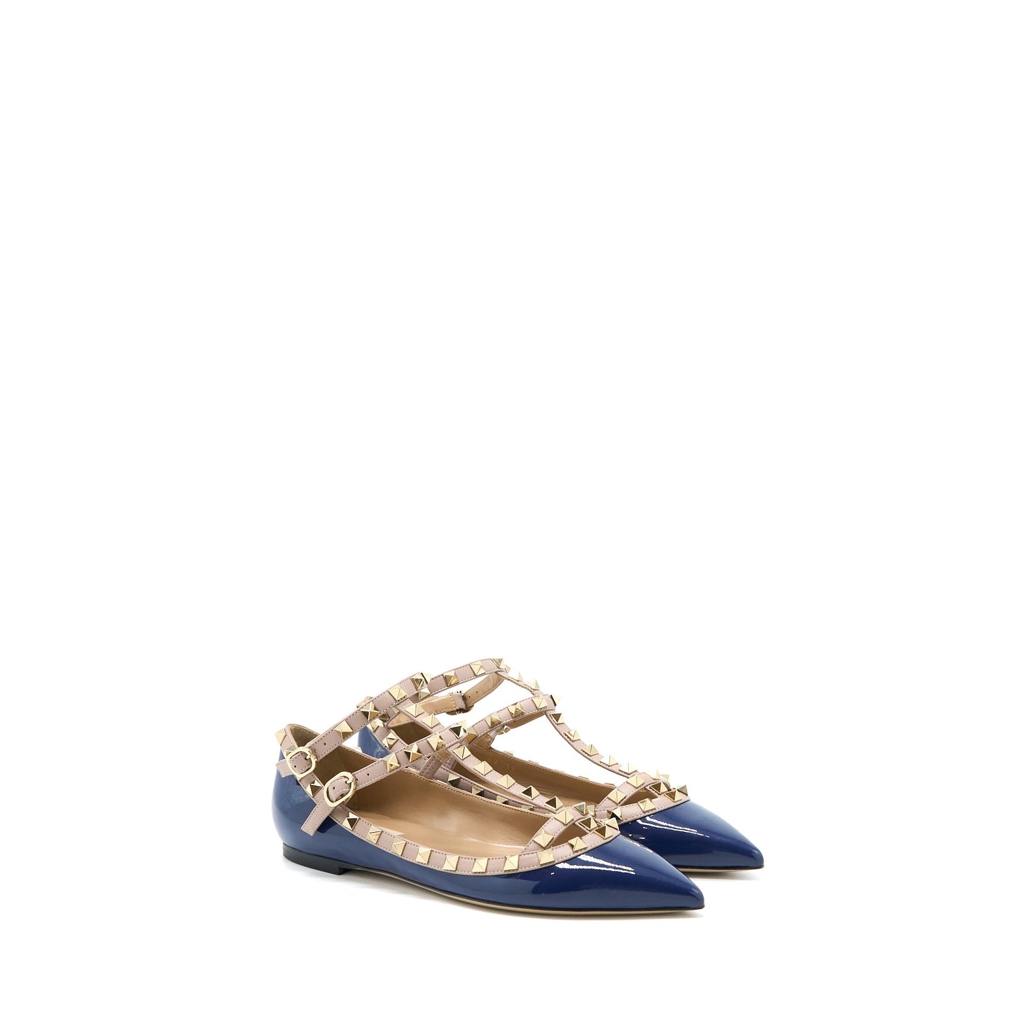 Valentino Size 38 Garavani Rockstud Ballet Flat Caged Patent Navy LGHW