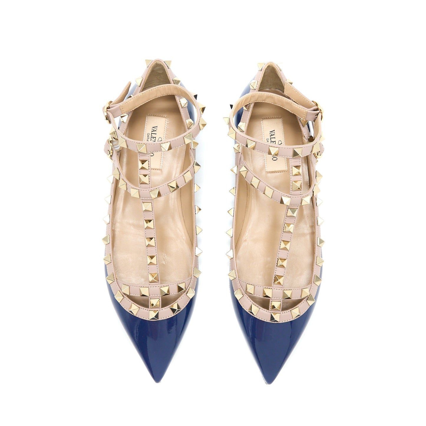 Valentino Size 38 Garavani Rockstud Ballet Flat Caged Patent Navy LGHW