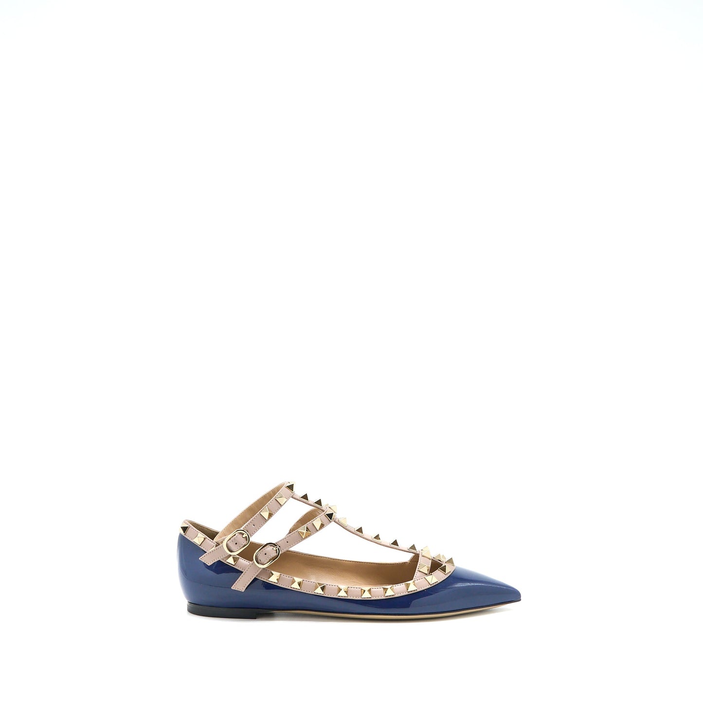Valentino Size 38 Garavani Rockstud Ballet Flat Caged Patent Navy LGHW