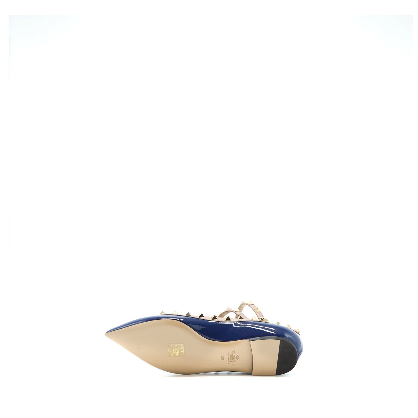 Valentino Size 38 Garavani Rockstud Ballet Flat Caged Patent Navy LGHW