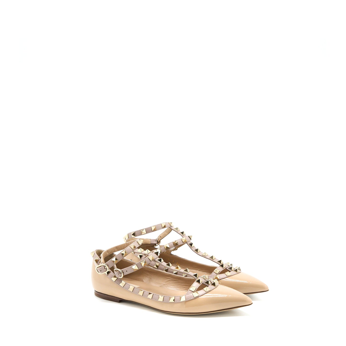 Valentino Size 38 Garavani Rockstud Ballet Flat Caged Patent Beige LGHW