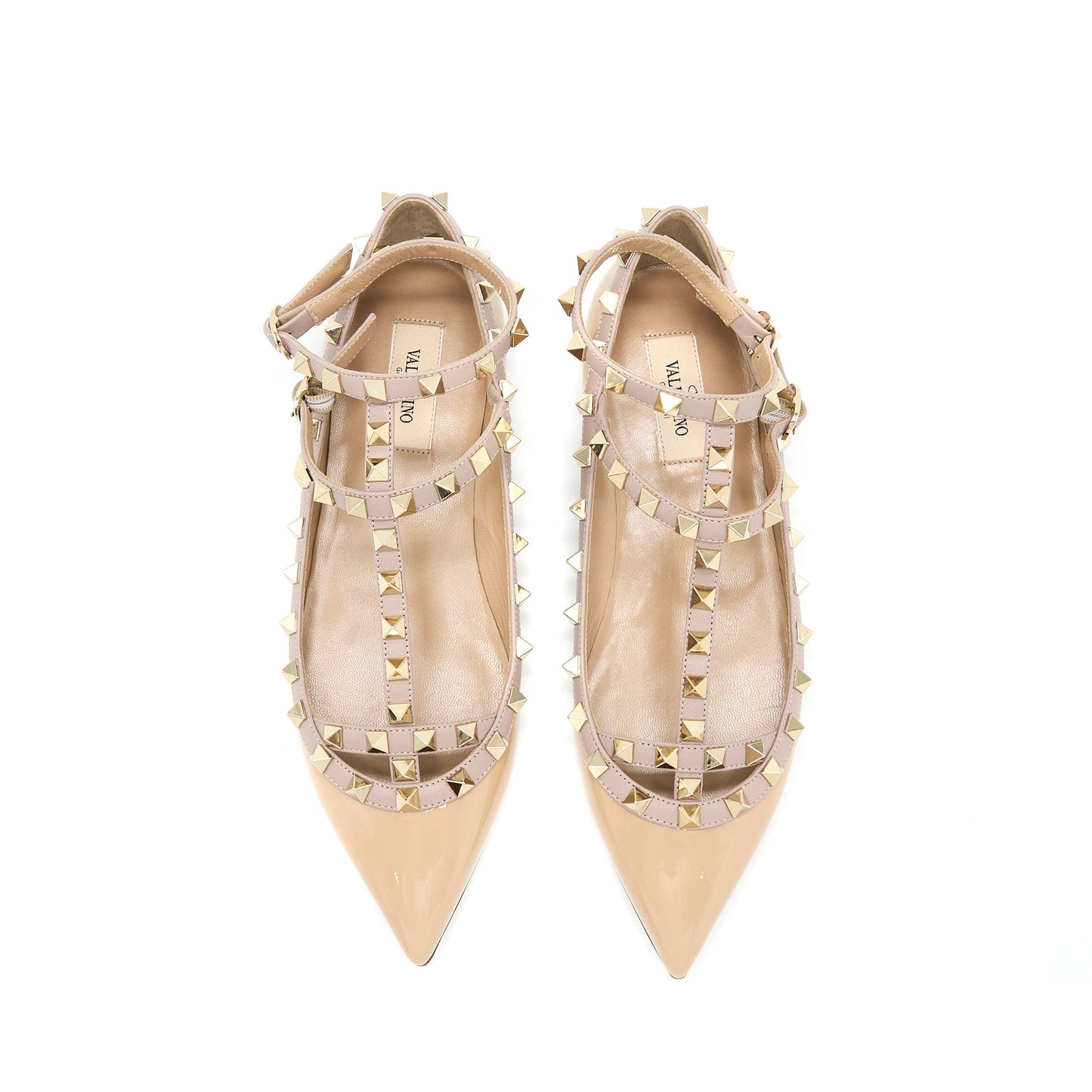 Valentino Size 38 Garavani Rockstud Ballet Flat Caged Patent Beige LGHW