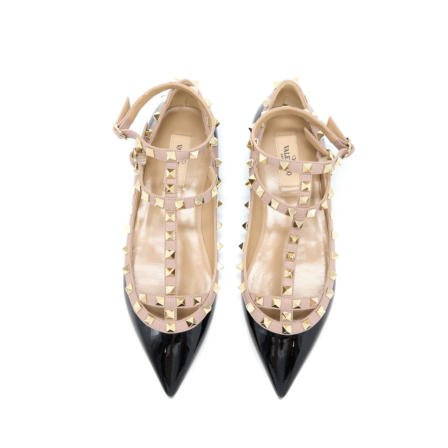 Valentino Size 38 Garavani Rockstud Ballet Flat Caged Patent Black LGHW