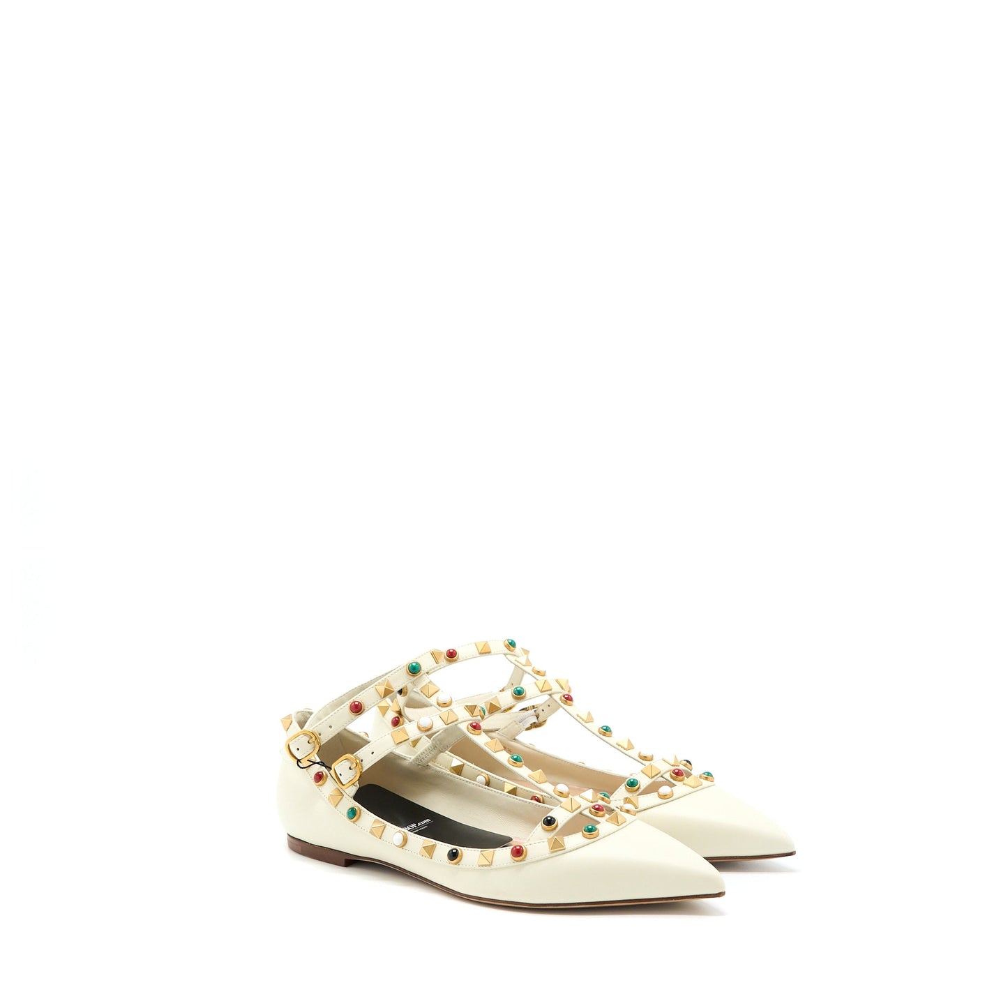 Valentino Size 38.5 Garavani Rockstud Ballet Flat Lambskin White Multicolour Hardware