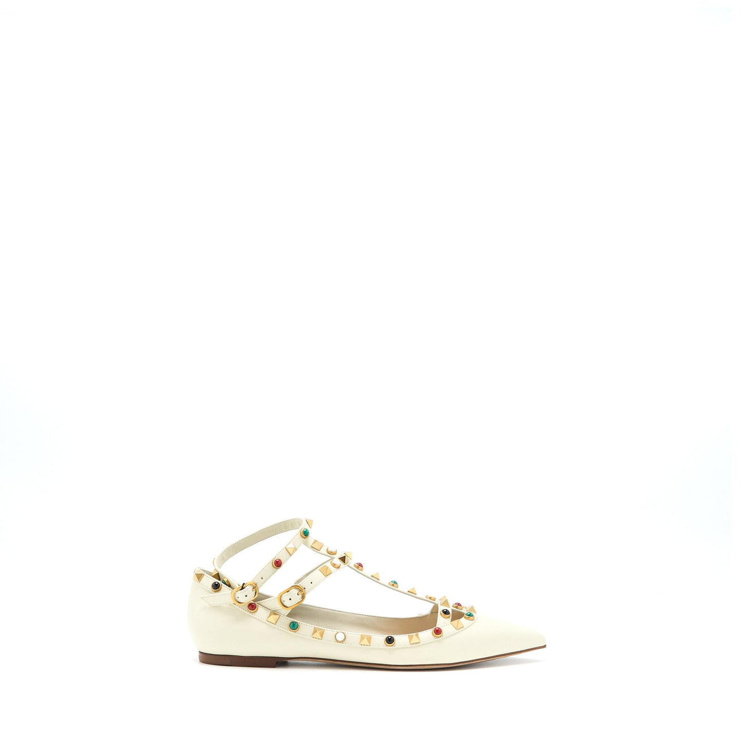 Valentino Size 38.5 Garavani Rockstud Ballet Flat Lambskin White Multicolour Hardware
