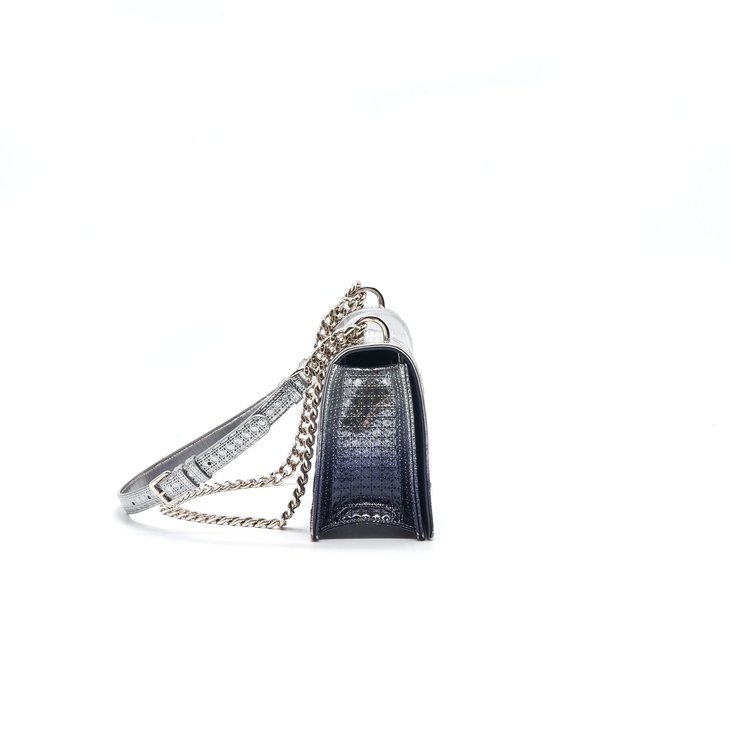 CHRISTIAN DIOR DIORAMA MEDIUM FLAP BAG METALLIC CALFSKIN SILVER AND NAVY