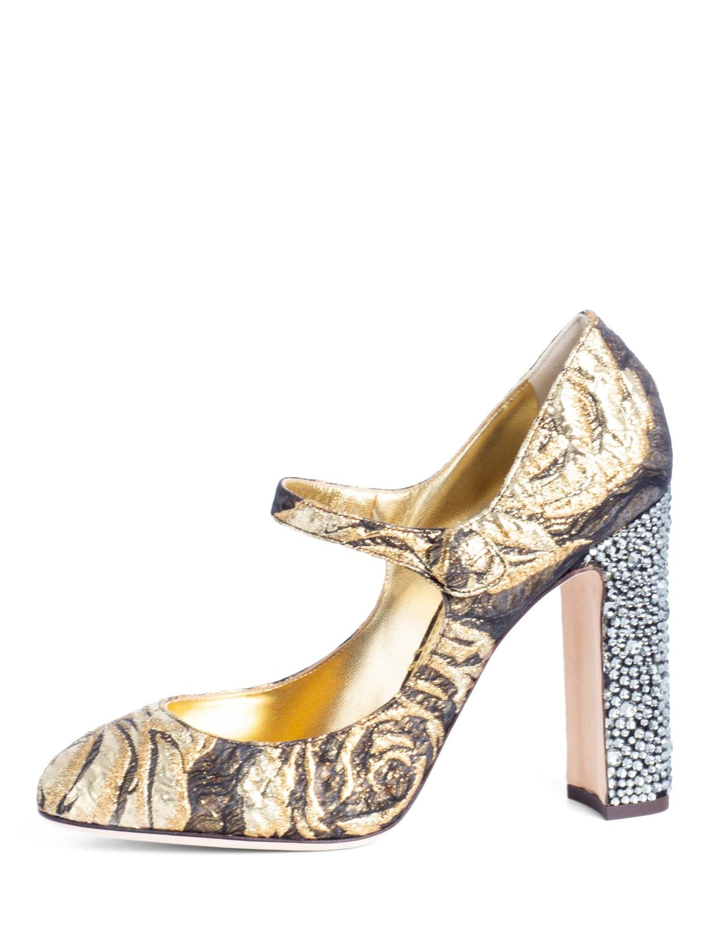 Dolce & Gabbana Brocade Rhinestone Mary Jane Block Heels Gold