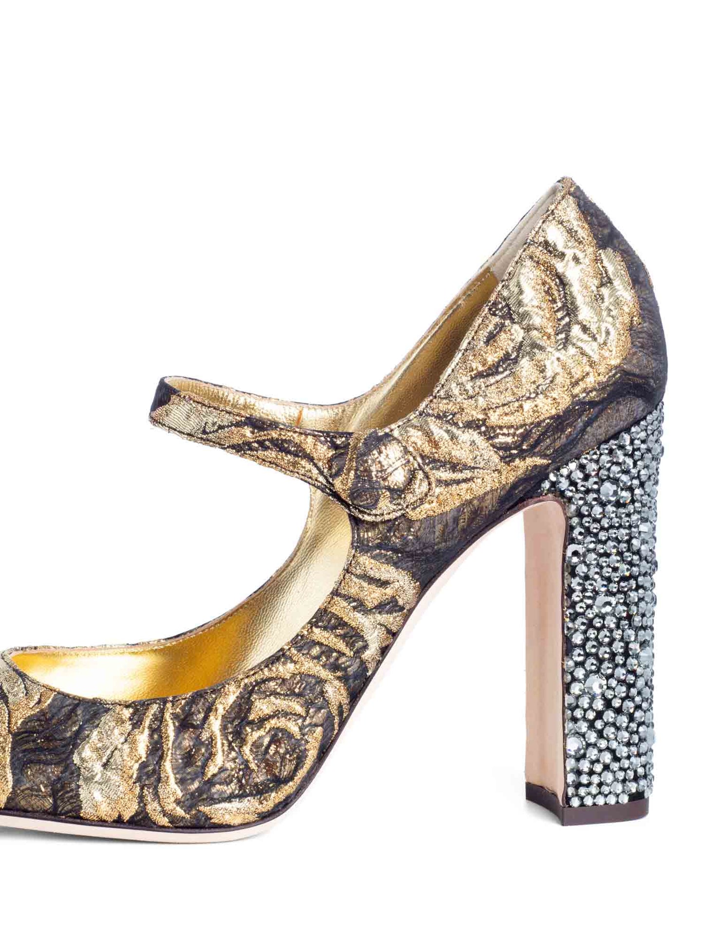 Dolce & Gabbana Brocade Rhinestone Mary Jane Block Heels Gold