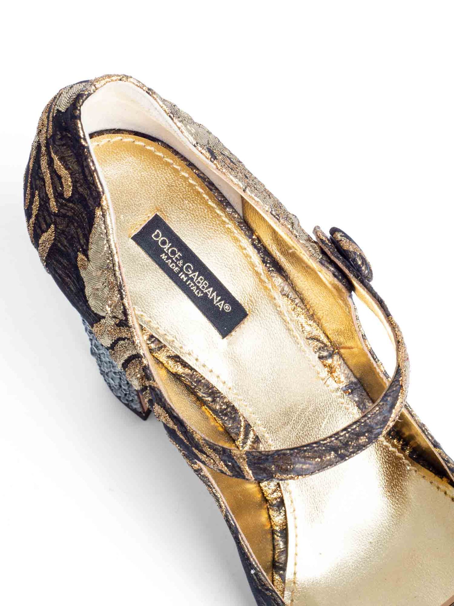 Dolce & Gabbana Brocade Rhinestone Mary Jane Block Heels Gold