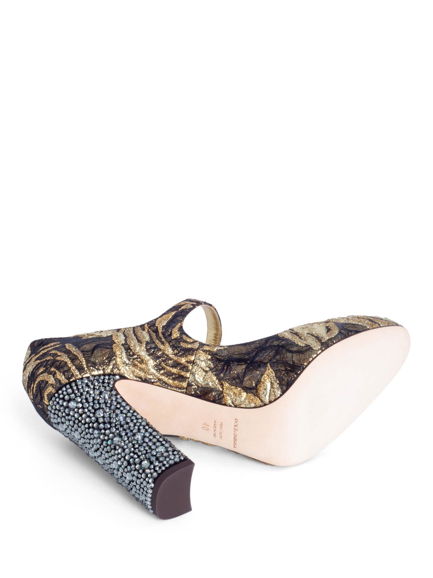 Dolce & Gabbana Brocade Rhinestone Mary Jane Block Heels Gold