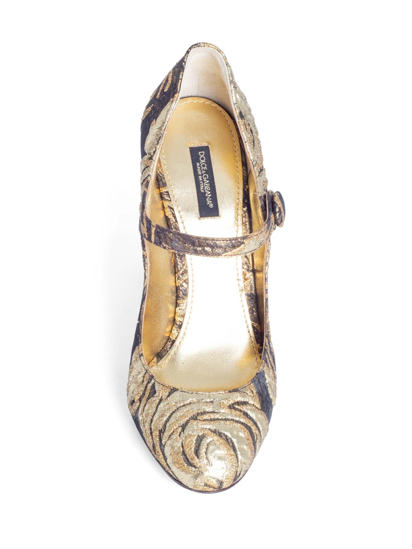 Dolce & Gabbana Brocade Rhinestone Mary Jane Block Heels Gold