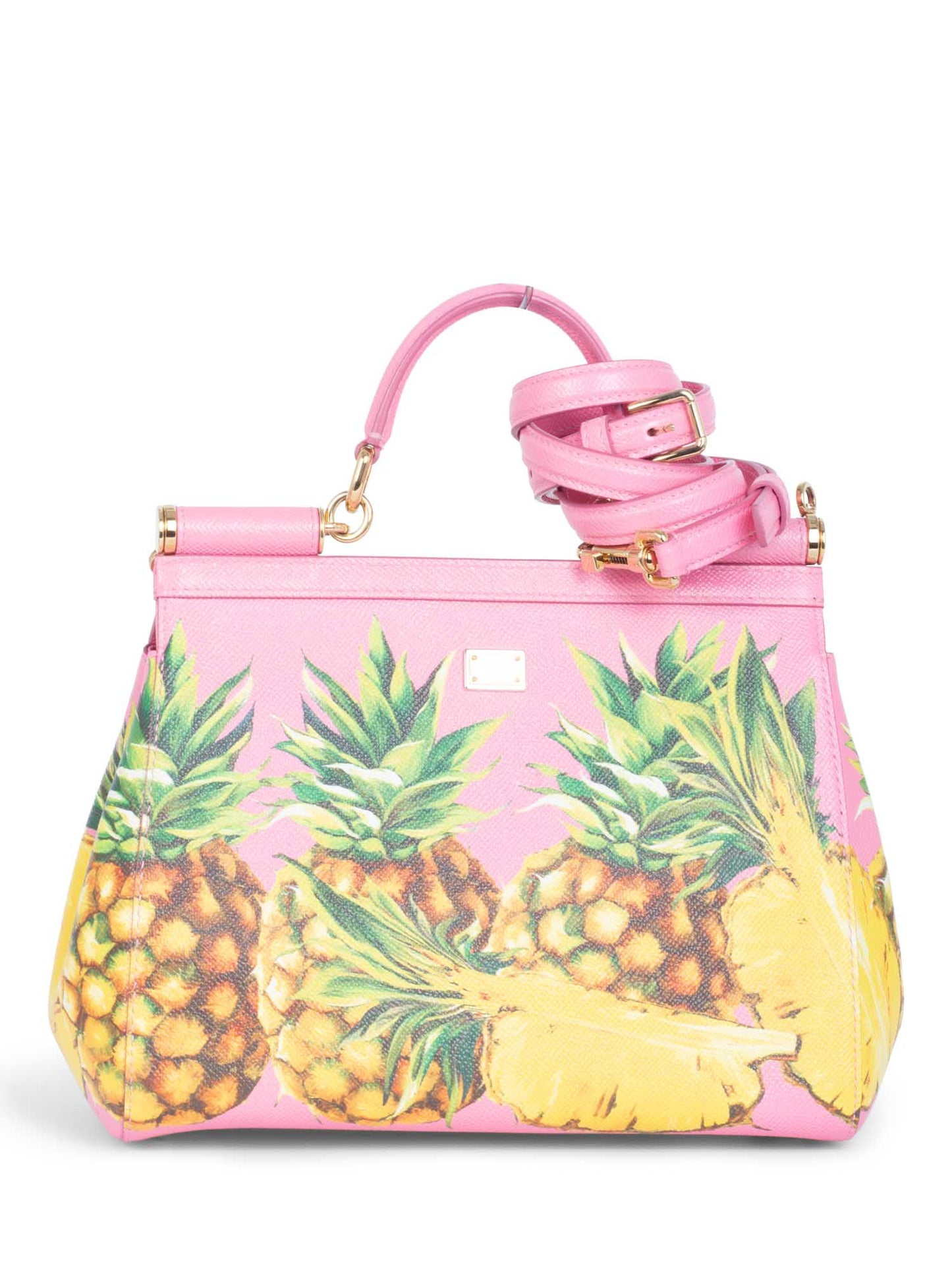 Dolce & Gabbana Logo Pineapple Leather Miss Sicily Bag Pink Yellow