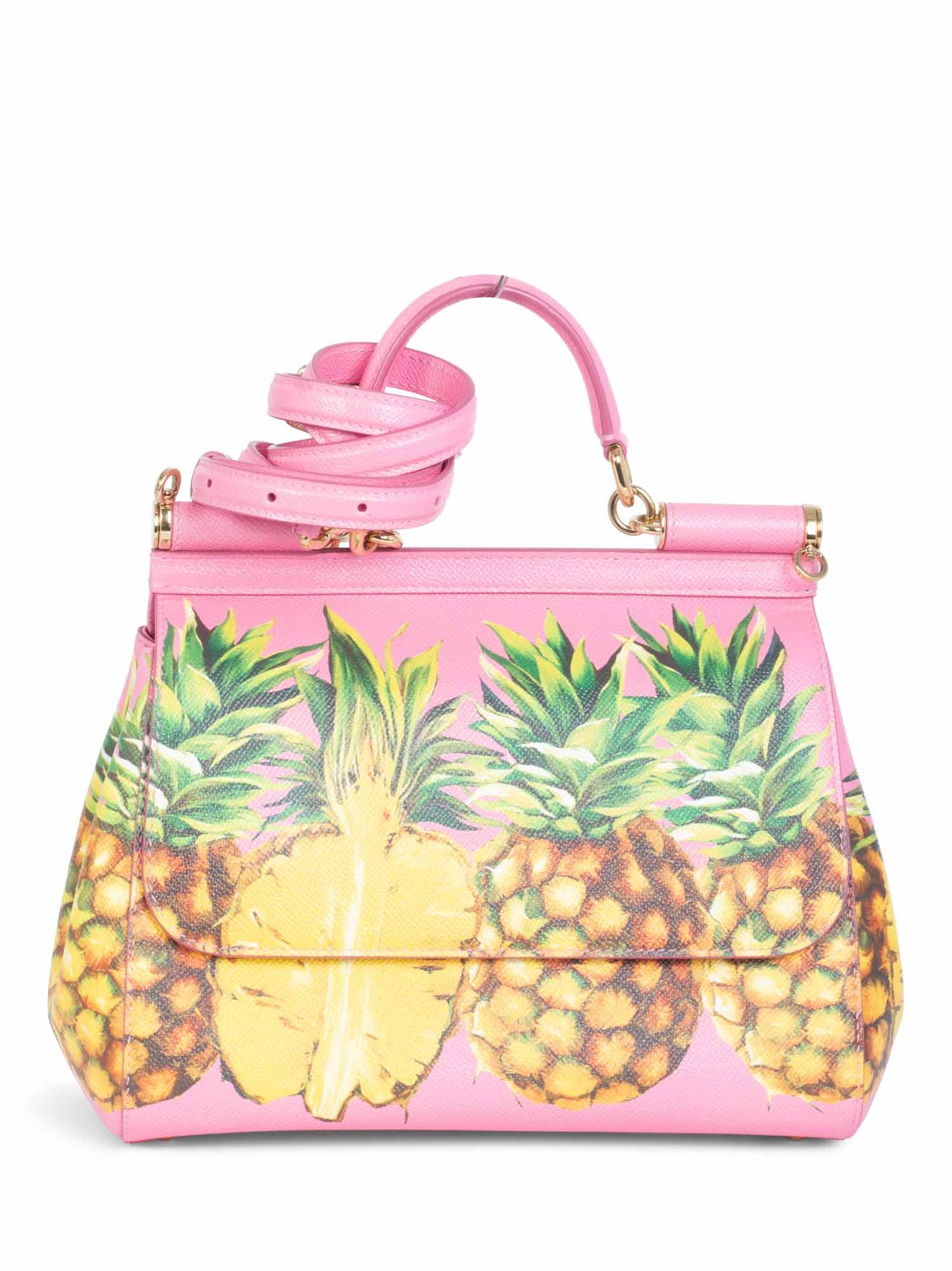 Dolce & Gabbana Logo Pineapple Leather Miss Sicily Bag Pink Yellow