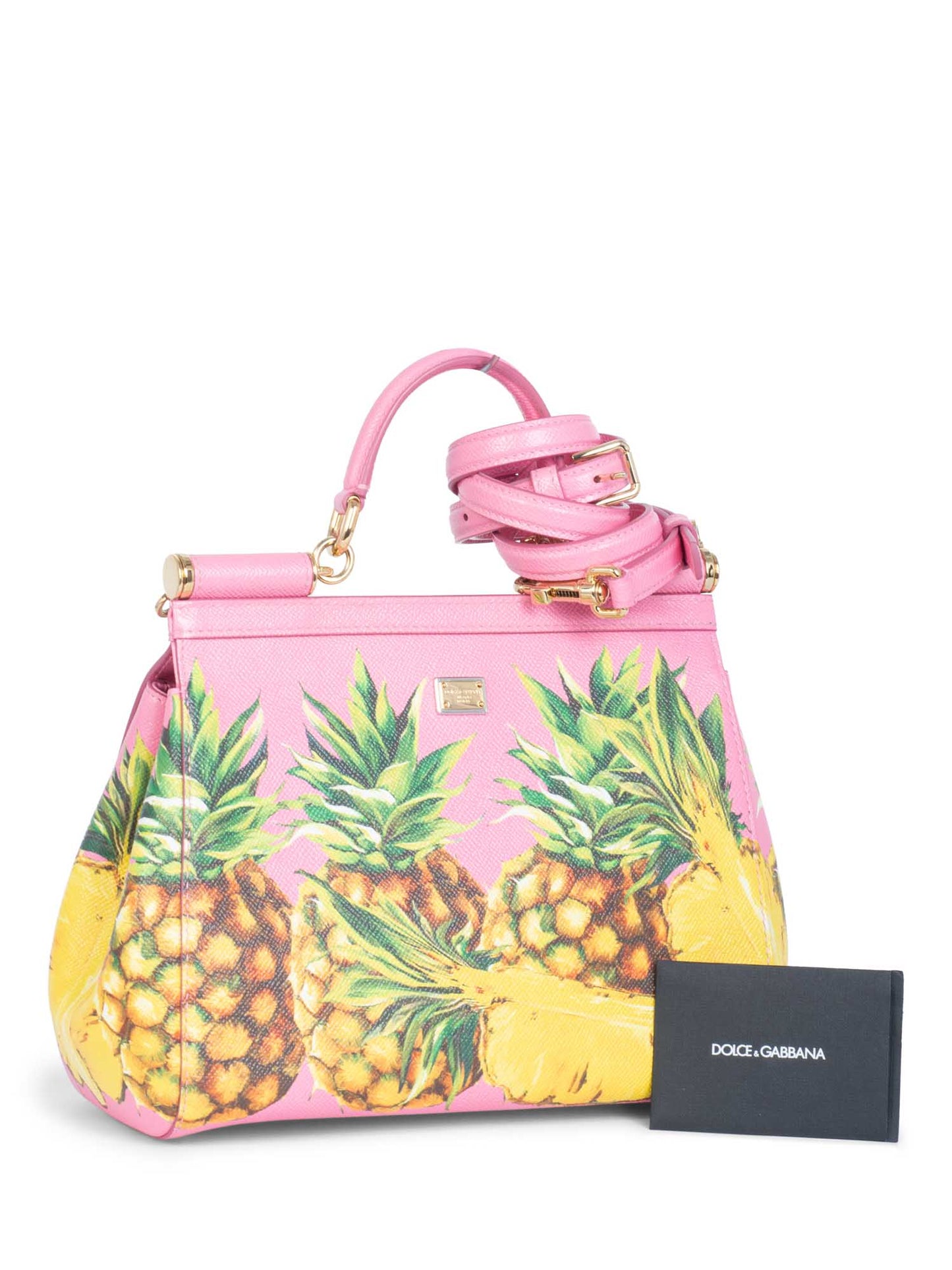 Dolce & Gabbana Logo Pineapple Leather Miss Sicily Bag Pink Yellow