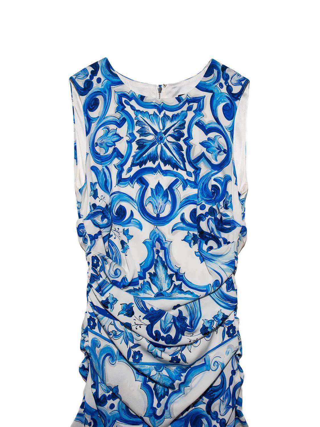 Dolce & Gabbana Silk Midi Ruched Floral Dress Blue