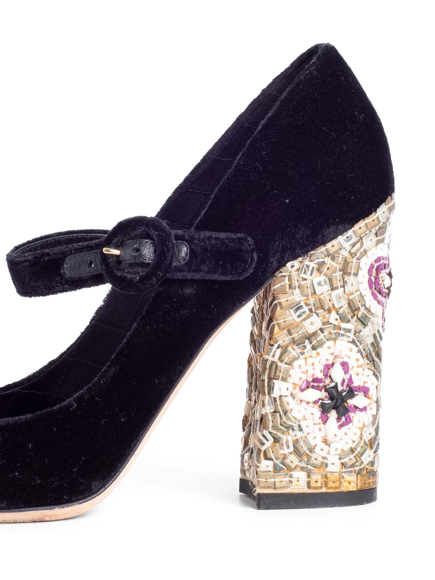 Dolce & Gabbana Velvet Mary Jane Mosaic Block Heels Black