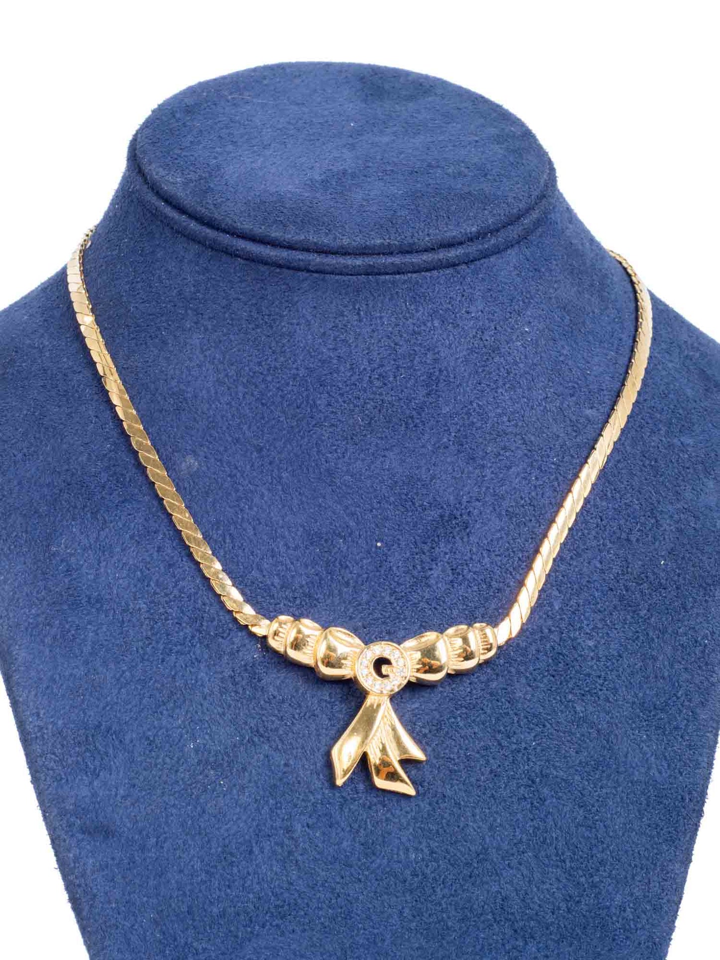 Givenchy G Logo Rhinestone Bow 24K Gold Plated Necklace