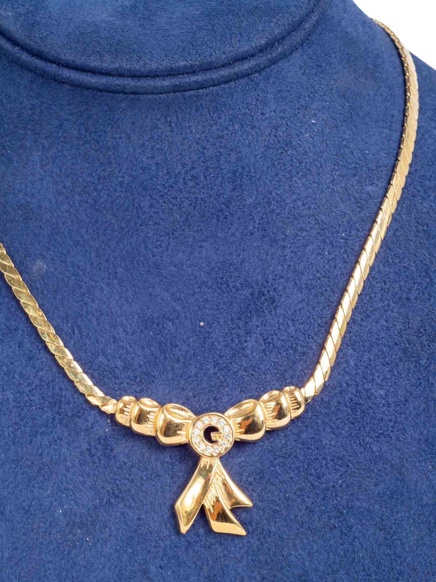 Givenchy G Logo Rhinestone Bow 24K Gold Plated Necklace