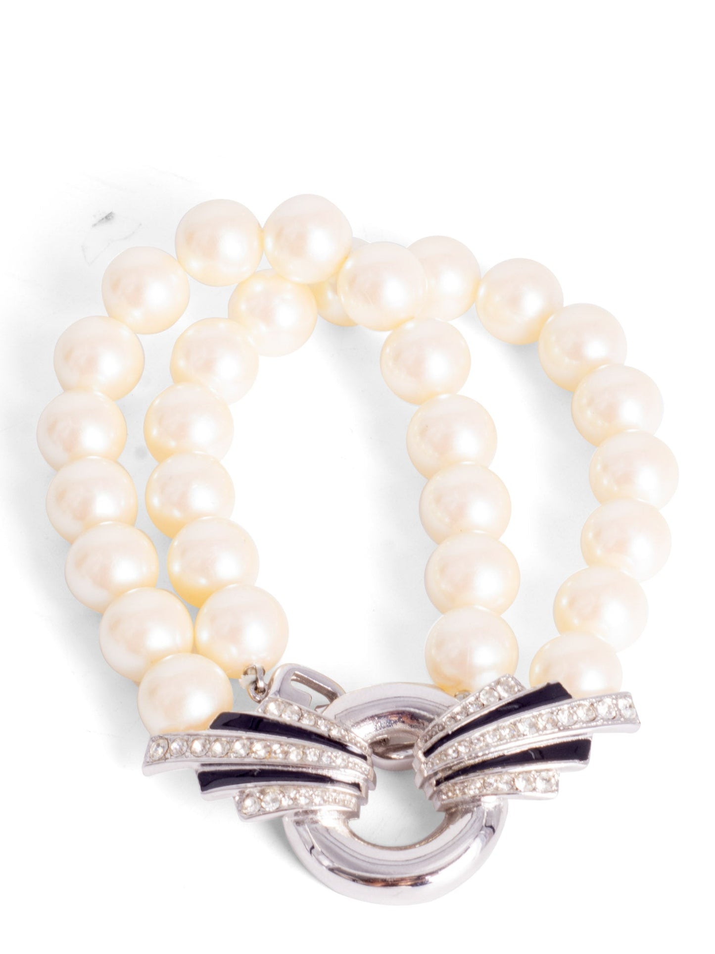 Givenchy Vintage Pearl Black Enamel Crystal Artdeco Necklace White