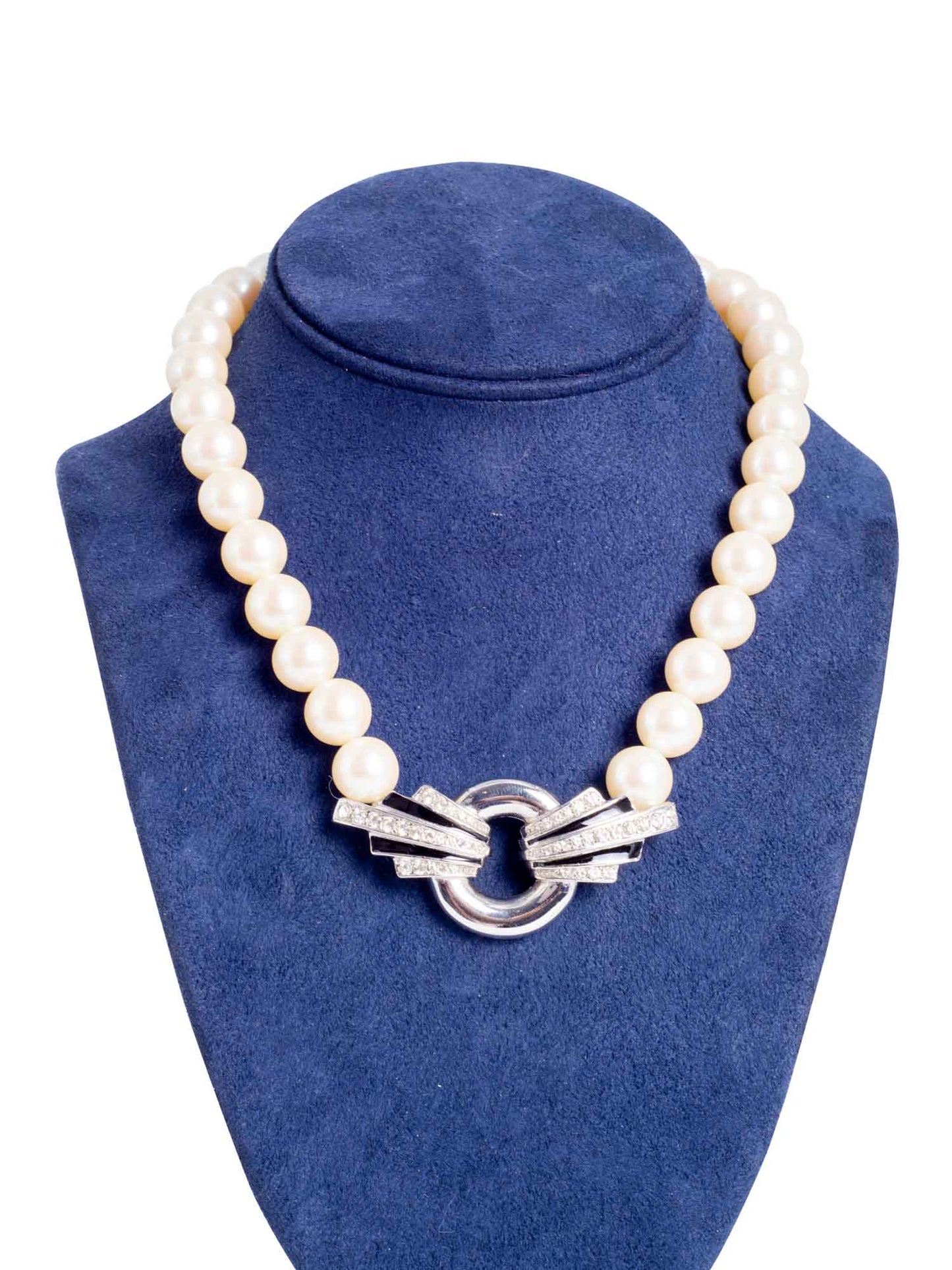 Givenchy Vintage Pearl Black Enamel Crystal Artdeco Necklace White