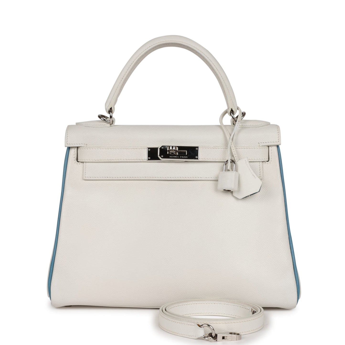 Top Quality Hermes Bi-color Kelly Retourne 28 White and Blue Jean Epsom Palladium Hardware