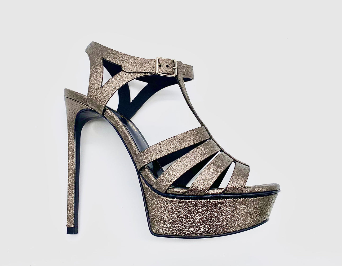 SAINT LAURENT METALLIC BROWN PLATFORM SANDALS